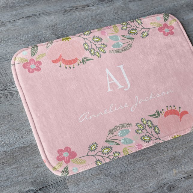 Tapis De Bain monogramme rose floral girly nom personnalisé (Créateur téléchargé)