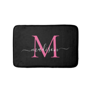 Tapis De Bain Monogramme rose magenta moderne noir élégant