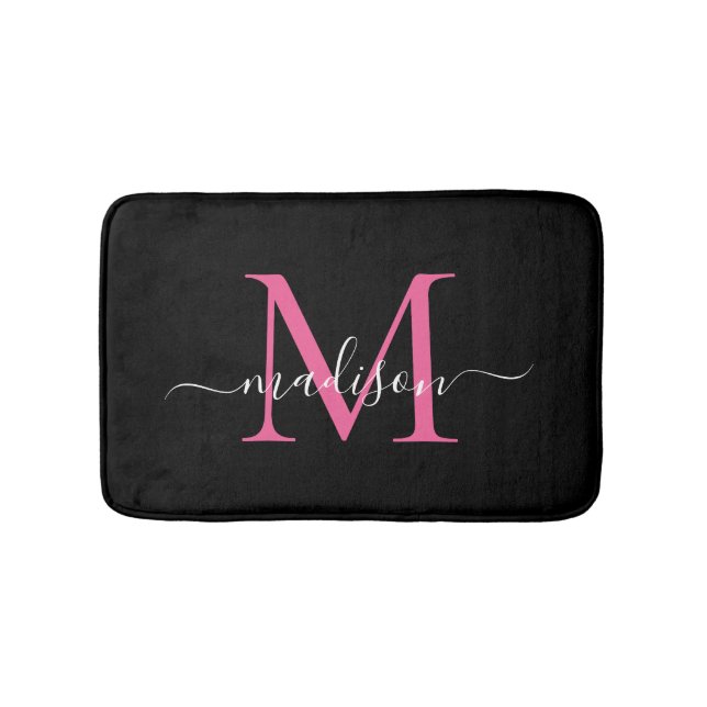 Tapis De Bain Monogramme rose magenta moderne noir élégant (Devant)