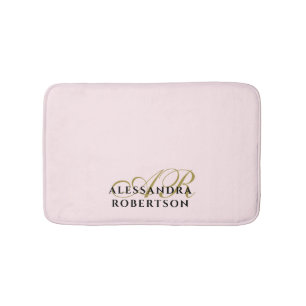 Tapis De Bain Monogramme Rose Pastel Or Noir Minimaliste Élégant