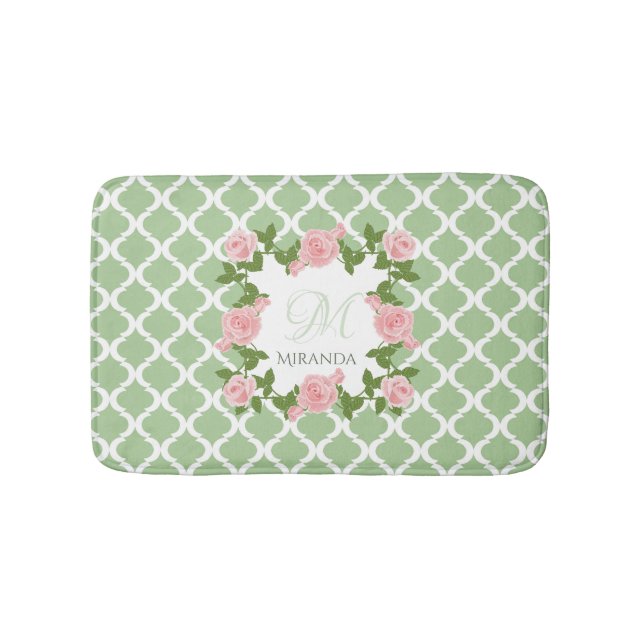 Tapis De Bain Monogramme rose rose du Quatrefoil vert du Nil (Devant)