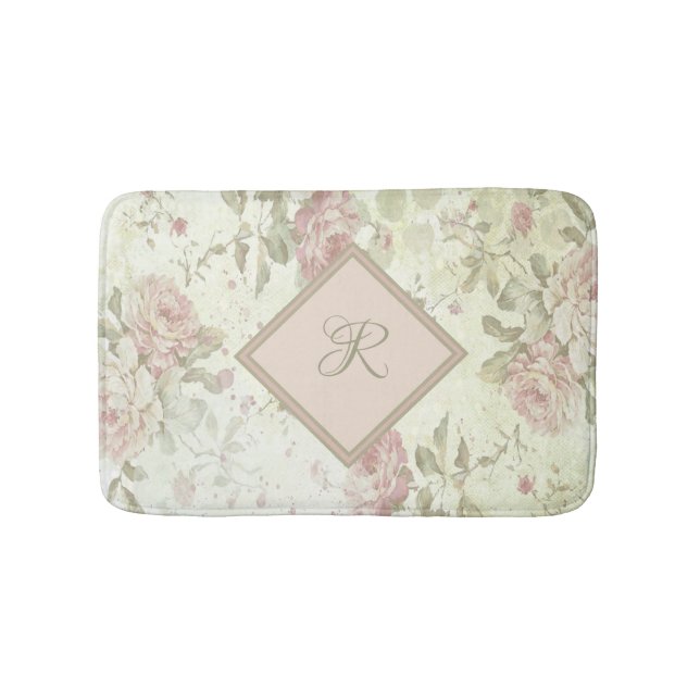 Tapis De Bain Monogramme rose vert floral Shabby chic rose rose  (Devant)
