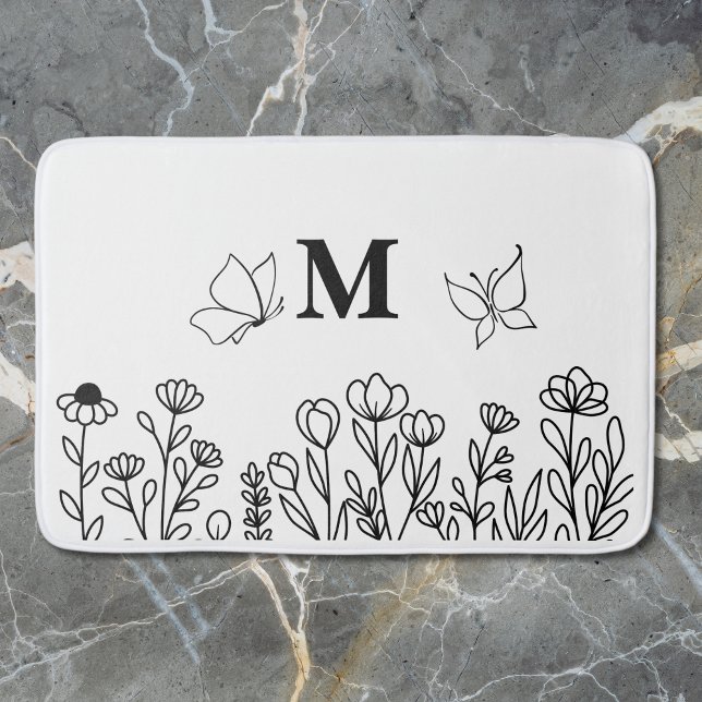 Tapis De Bain Monogramme sur mesure de l'art de la ligne florale (Créateur téléchargé)