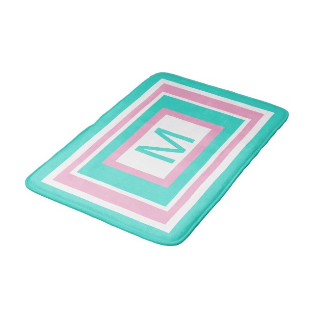 Tapis De Bain Monogramme Turquoise Blanc Rose Géométrique (Angle)