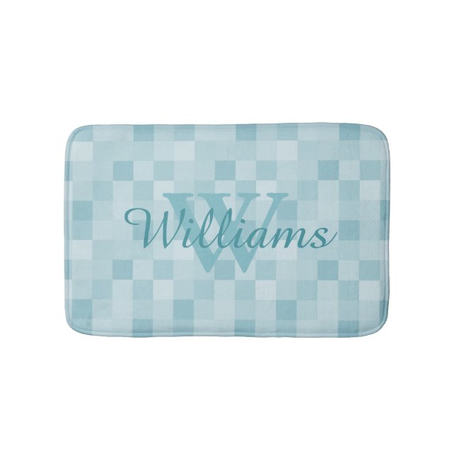 Tapis De Bain Monogramme turquoise bleu mozaïque carreaux motif  (Devant)