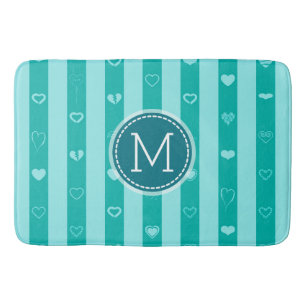 Tapis De Bain Monogramme Turquoise Stripes Motif de coeur modern