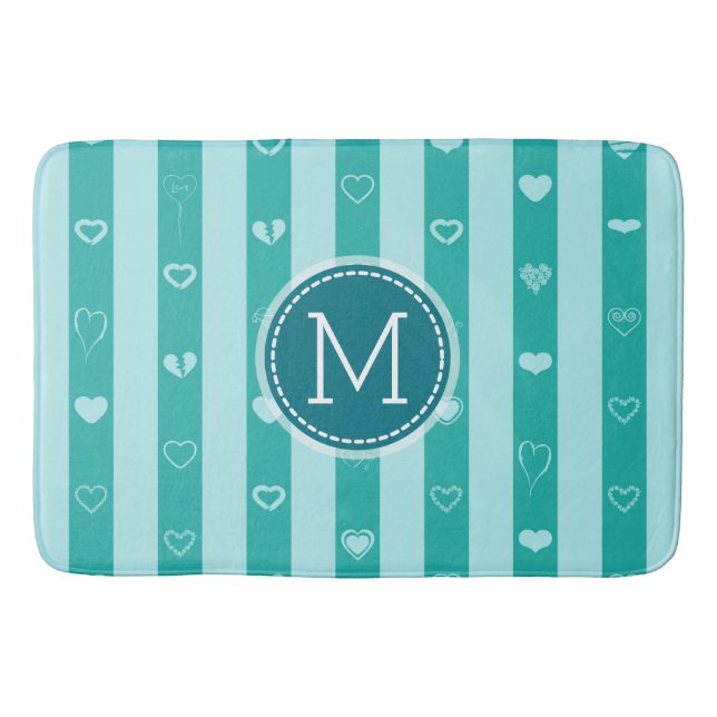 Tapis De Bain Monogramme Turquoise Stripes Motif de coeur modern (Devant)