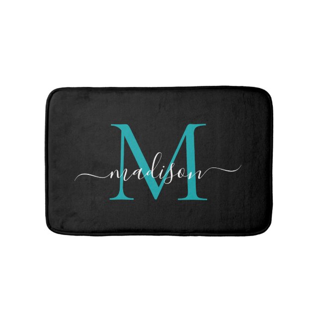 Tapis De Bain Monogramme Turquoise vert moderne noir élégant (Devant)