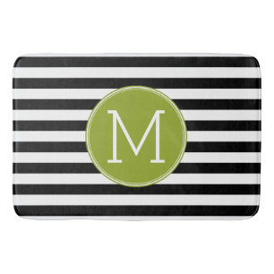 Tapis De Bain Monogramme vert Motif rayé noir et blanc