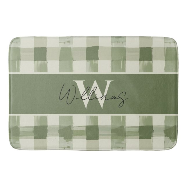 Tapis De Bain Monogramme vert Plaid Nom de famille Salle de bain (Devant)