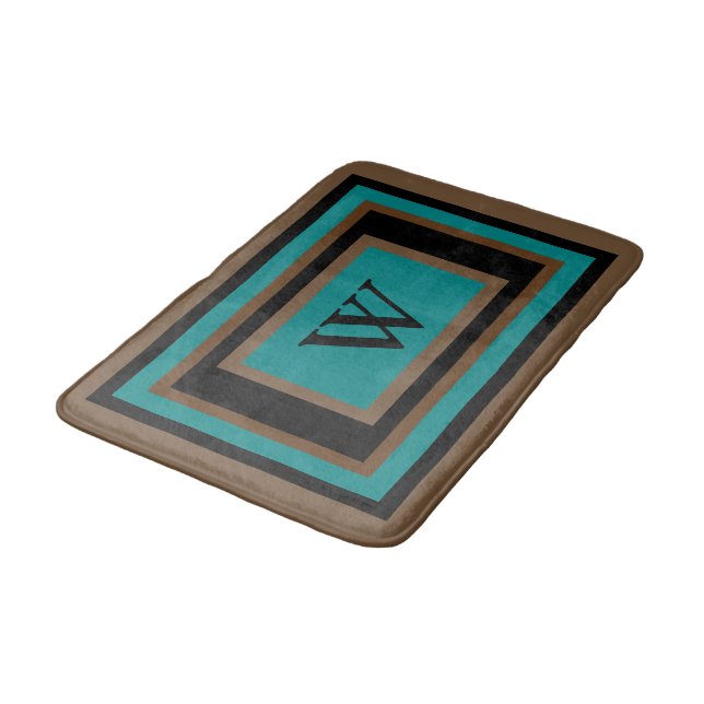 Tapis De Bain Monogramme vert sarcelle noir marron géométrique (Angle)