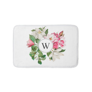 Tapis De Bain Monogramme vintage blanc et rose des fleurs de Mag