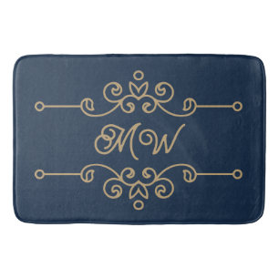 Tapis De Bain Monogramme vintage or et bleu marine Élégant