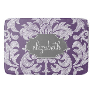 Tapis De Bain Monogramme vintage pourpre et gris de motif de