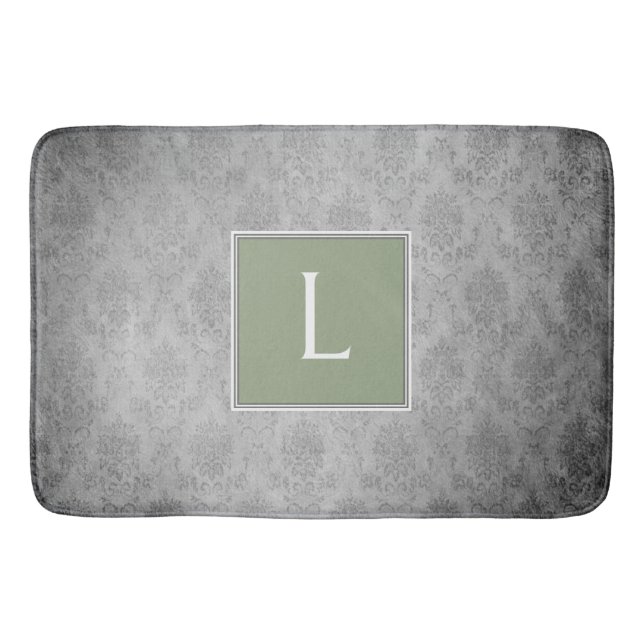 Tapis De Bain Monogramme Vintage vert Damas Mat (Devant)
