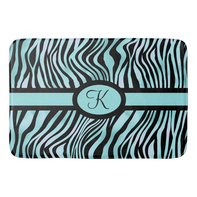Tapis De Bain Monogramme Zebra imprimé noir et Turquoise Turquoi (Devant)