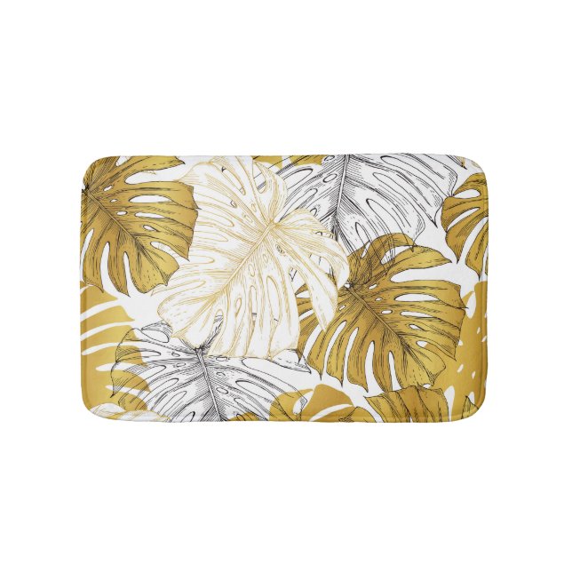 Tapis De Bain Monstera Feuilles : Blanc doré (Devant)