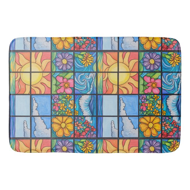 Tapis De Bain Mosaïque de plage soleil et fleurs (Devant)