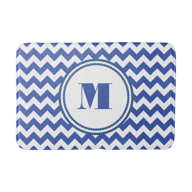 Tapis De Bain Motif à chevrons rayés bleu monogramme moderne (Devant)