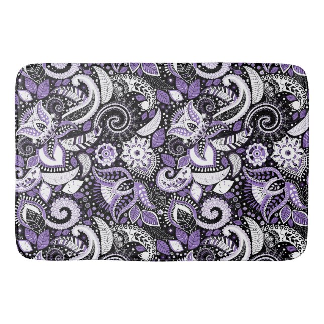 Tapis De Bain Motif à impression paisley violet blanc noir (Devant)