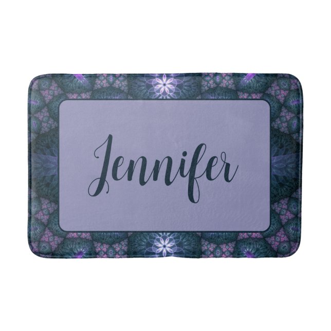 Tapis De Bain Motif Abstrait Fractal 3D Bleu Violet Rose Nom (Devant)