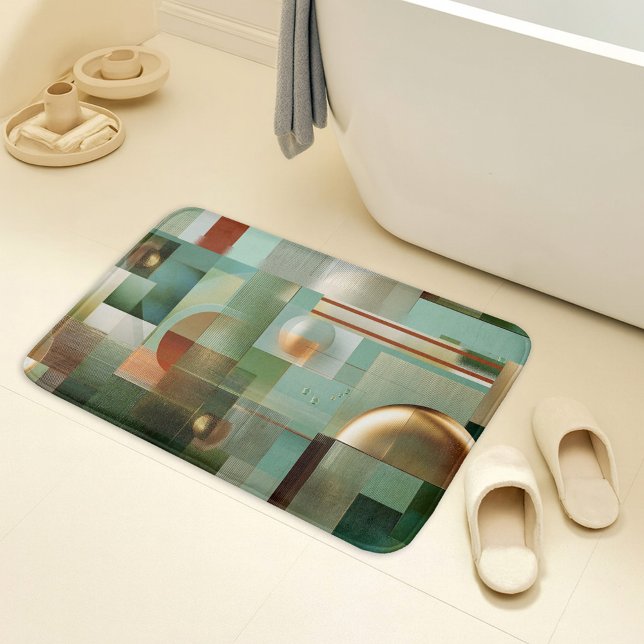 Tapis De Bain Motif Abstrait Moderne Bauhaus Vert Or (Bath mat featuring a modern abstract design inspired by the Bauhaus style in green and gold)