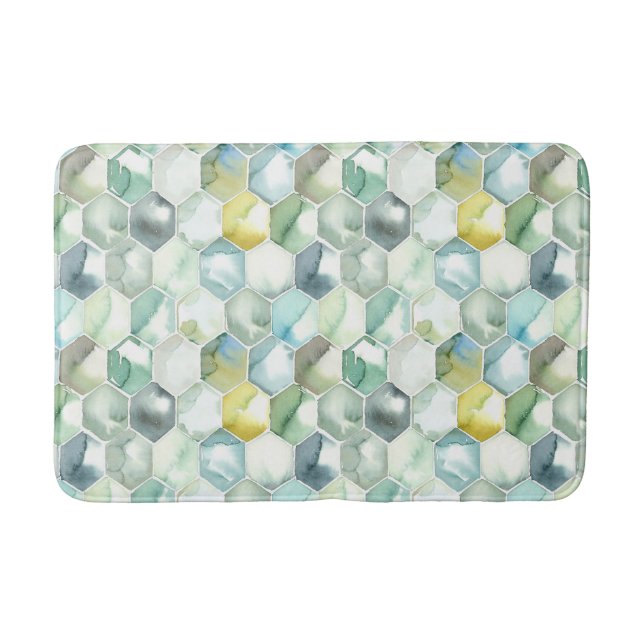 Tapis De Bain Motif bleu et vert de Honycomb d'aquarelle (Devant)