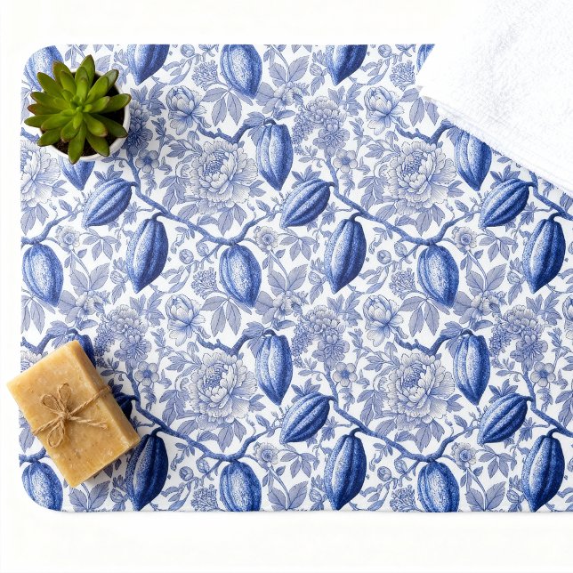 Tapis De Bain Motif botanique chic toile bleue unique Cocoa (Créateur téléchargé)