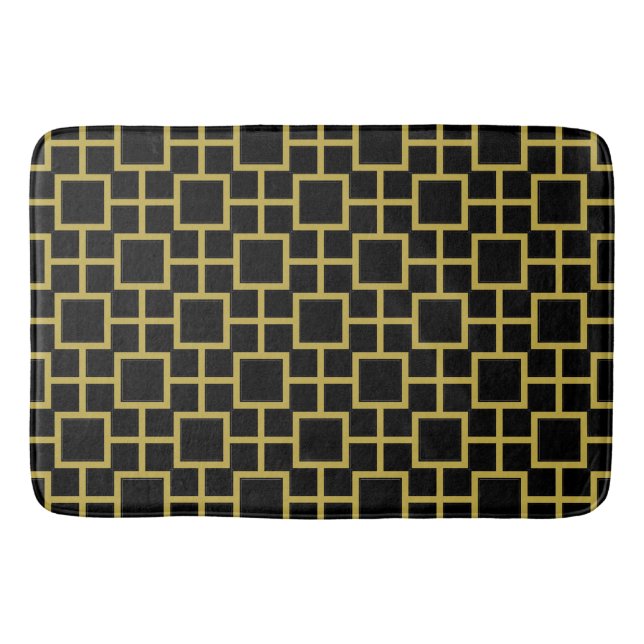 Tapis De Bain Motif Carré moderne or sur noir (Devant)