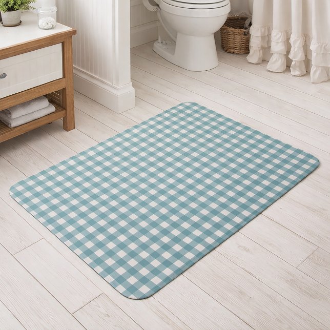 Tapis De Bain Motif carreaux gingham sarcelle et blanc minimal (A bathmat with a teal and white gingham pattern)