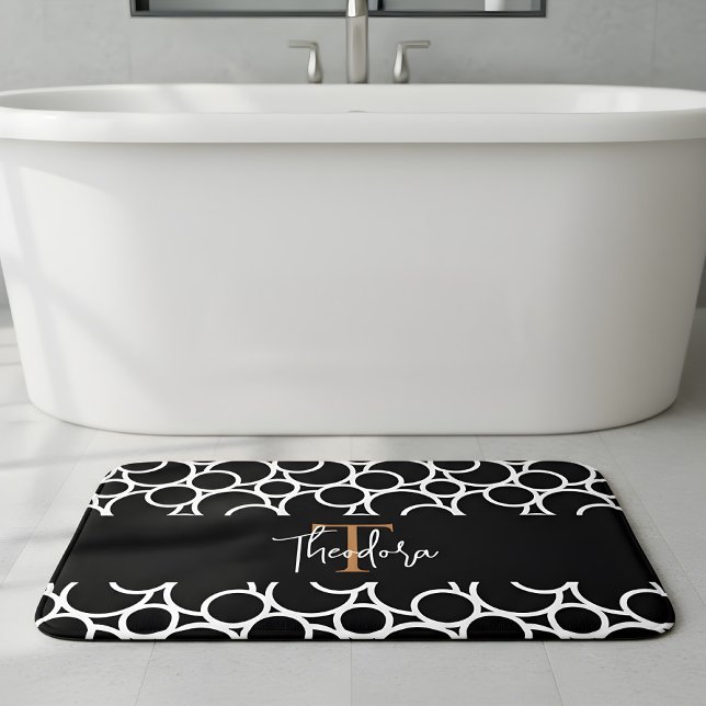 Tapis De Bain Motif Cercle noir et blanc avec Monogramme (personalized bath mat in black and white)