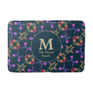Tapis De Bain Motif Coeur Rose Monogramme sur bleu foncé