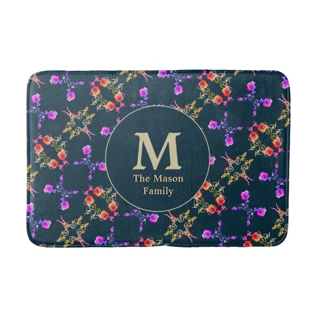 Tapis De Bain Motif Coeur Rose Monogramme sur bleu foncé (Devant)