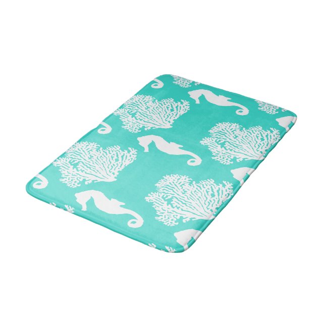 Tapis De Bain Motif côtier de turquoise et d'hippocampe blanc (Angle)