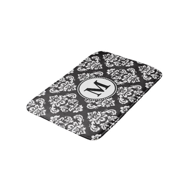 Tapis De Bain Motif Damas noir et blanc Monogramme (Angle)