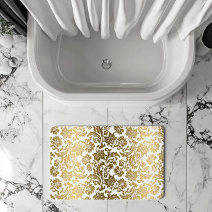 Tapis De Bain Motif damassé floral blanc et or
