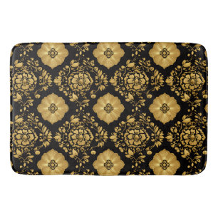 Tapis De Bain Motif damassé floral or luxe sur fond noir