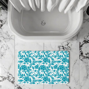 Tapis De Bain Motif damassé floral turquoise et blanc