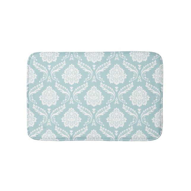 Tapis De Bain Motif Damassé Rococo Blanc sur Fond Bleu Canard (Devant)