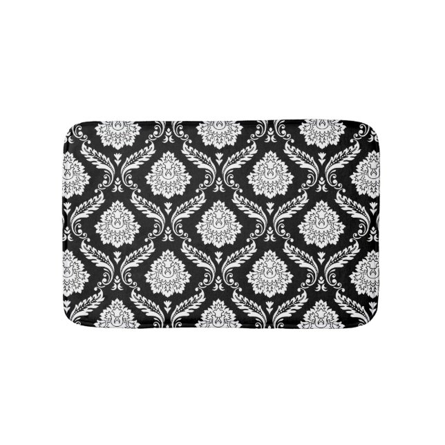 Tapis De Bain Motif Damassé Rococo Blanc sur Noir (Devant)