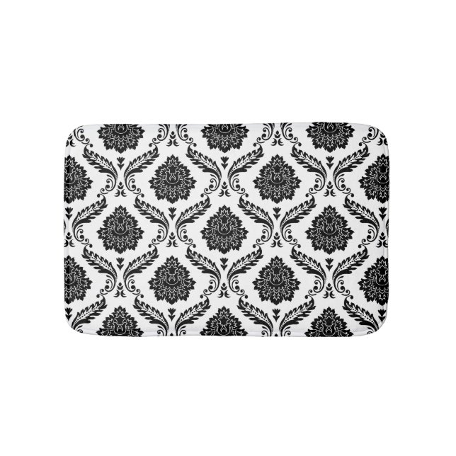 Tapis De Bain Motif Damassé Rococo Noir sur Fond Blanc (Devant)