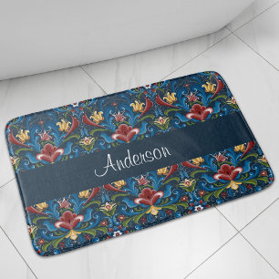 Tapis De Bain Motif d'art populaire scandinave floral bleu