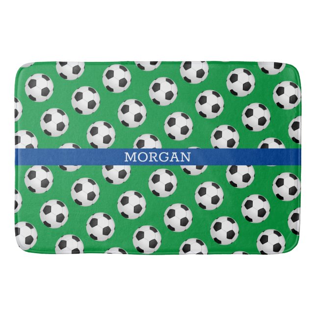 Tapis De Bain Motif de balle de football, Nom blanc, Bleu & Vert (Devant)