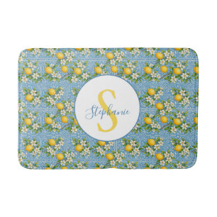 Tapis De Bain Motif de carreaux bleus à l'aquarelle de citron pe