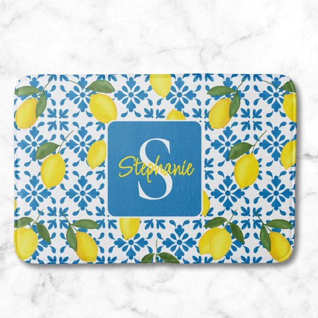 Tapis De Bain Motif de citron de carreau français bleu nom monog (Créateur téléchargé)