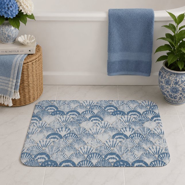Tapis De Bain Motif de coquillage de mer bleu côtier Plage (Créateur téléchargé)