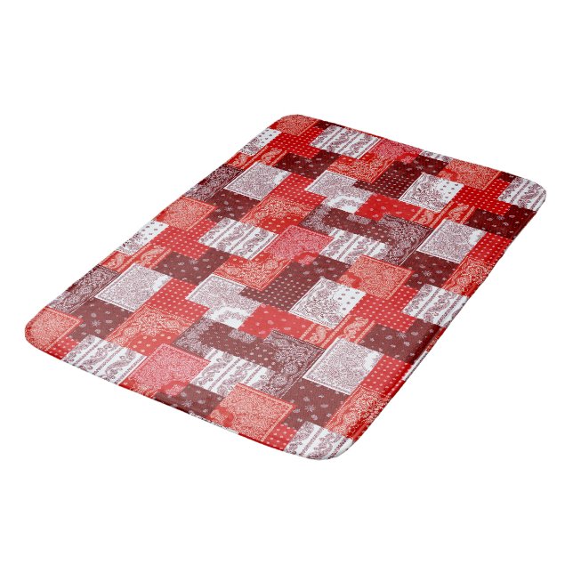 Tapis De Bain Motif de couture patchwork paisley bandana rouge (Angle)