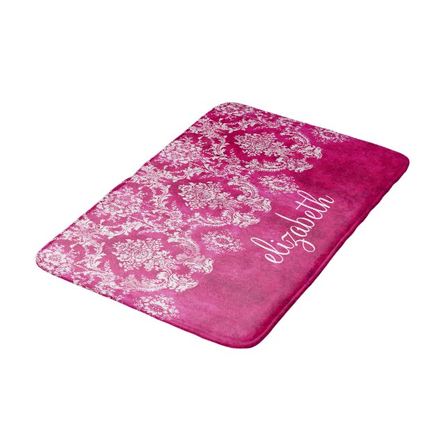 Tapis De Bain Motif de Damas de Grunge rose chaud Monogramme per (Angle)