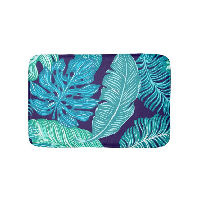 Tapis De Bain Motif de feuilles bleues vertes tropicales (Devant)