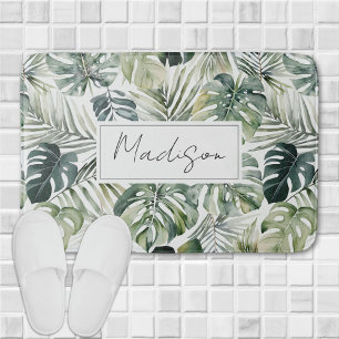 Tapis De Bain Motif de feuilles de forêt tropicale verte aquarel